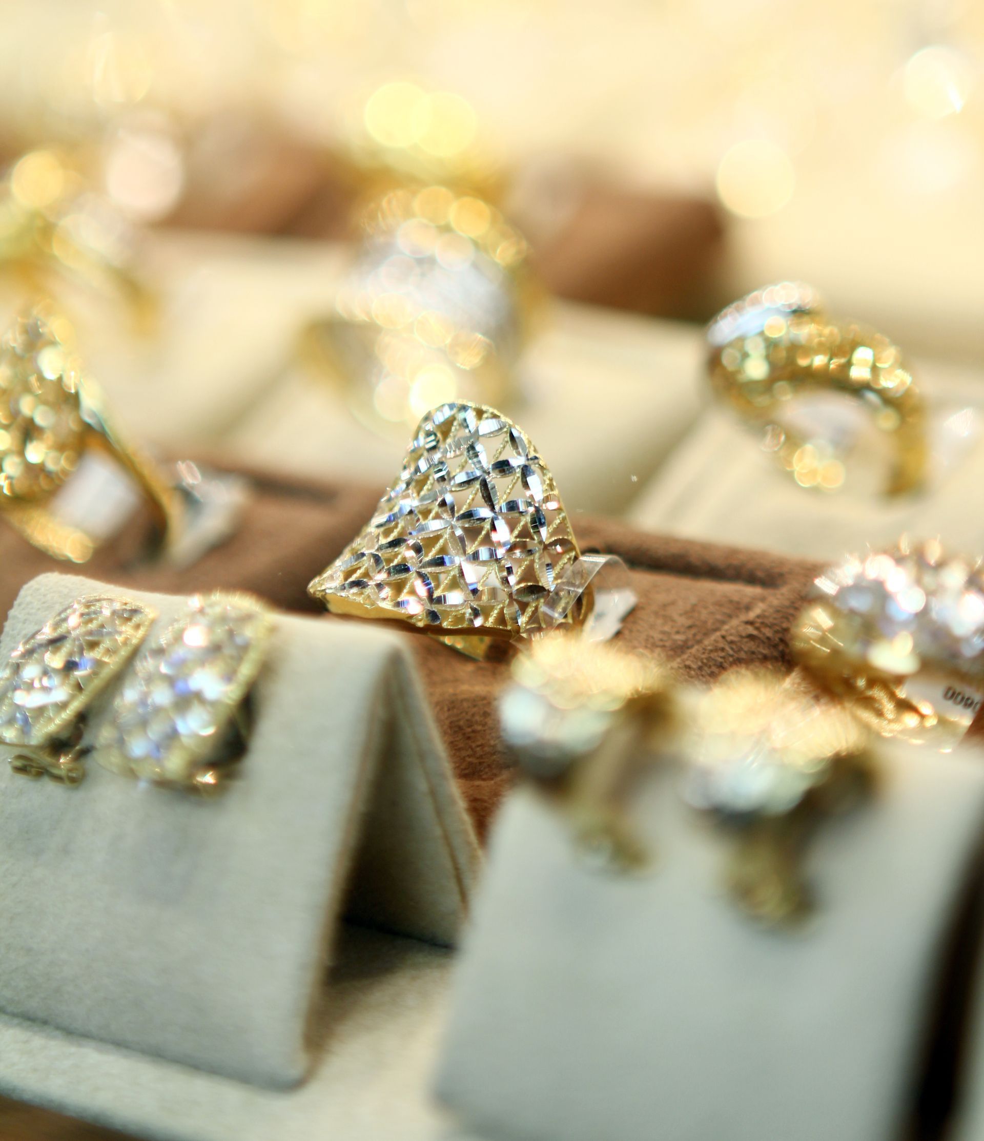 A variety of rings and earrings are on display