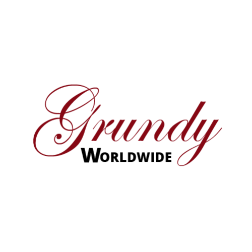 A red logo for grundy worldwide on a white background