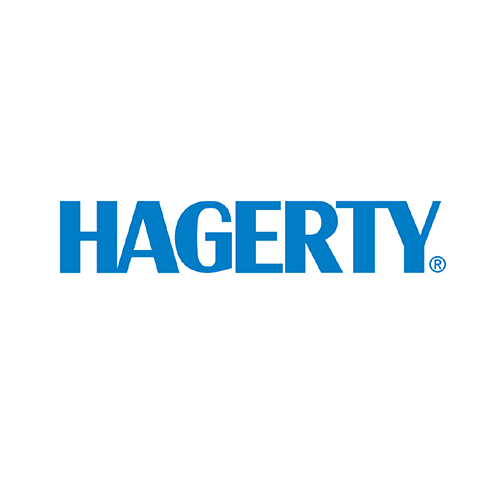 A blue hagerty logo on a white background.