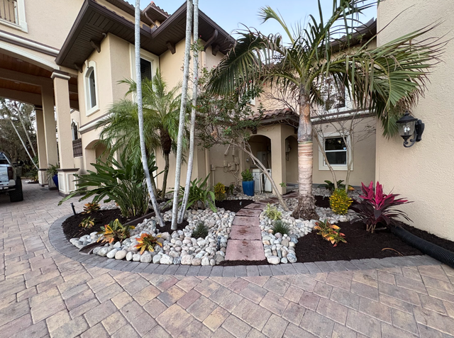 Stone walkway leading to a house with lush landscaping, including palm trees and colorful plants, with a paver driveway.