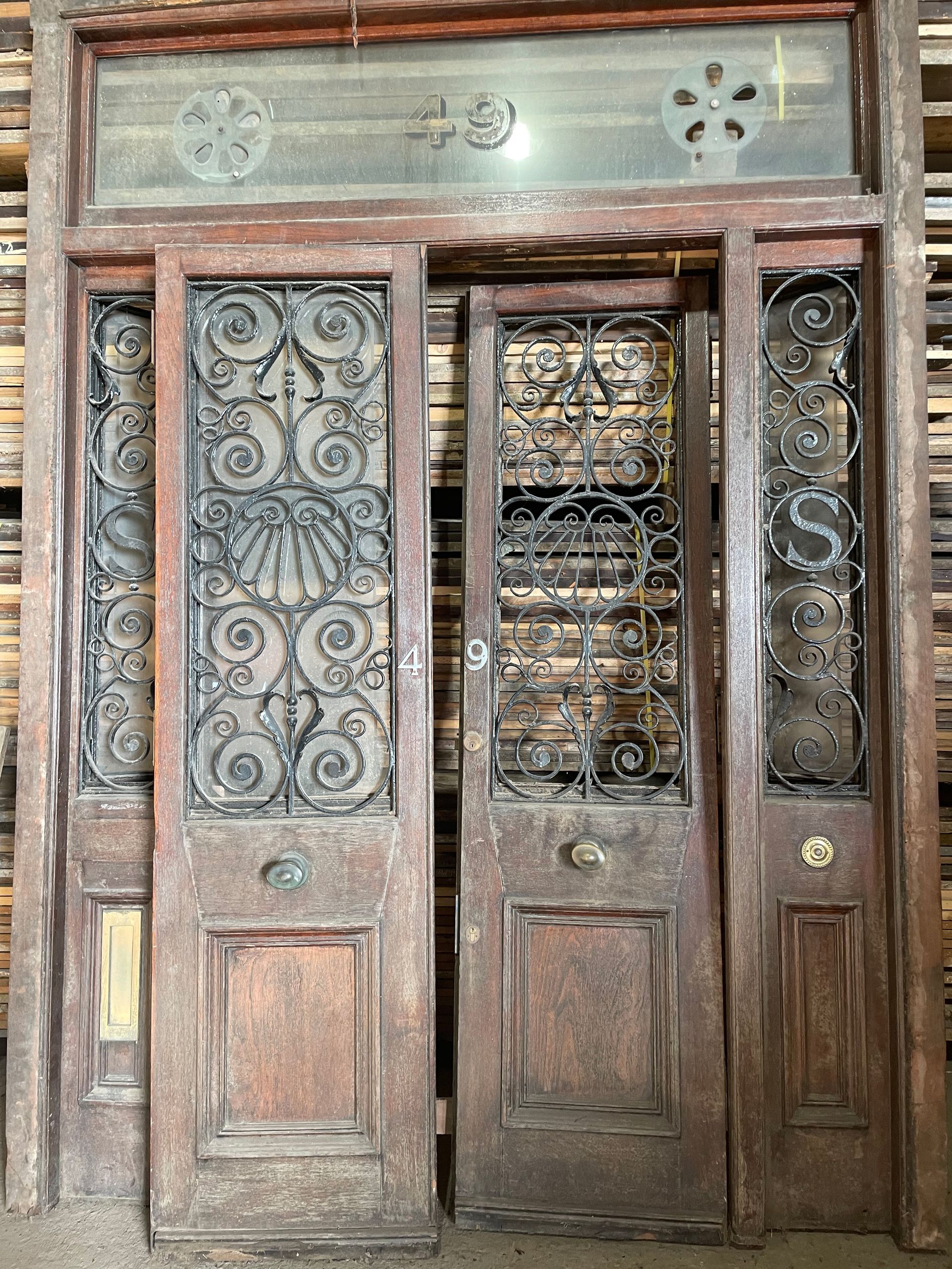 wooden doors with metal inlay