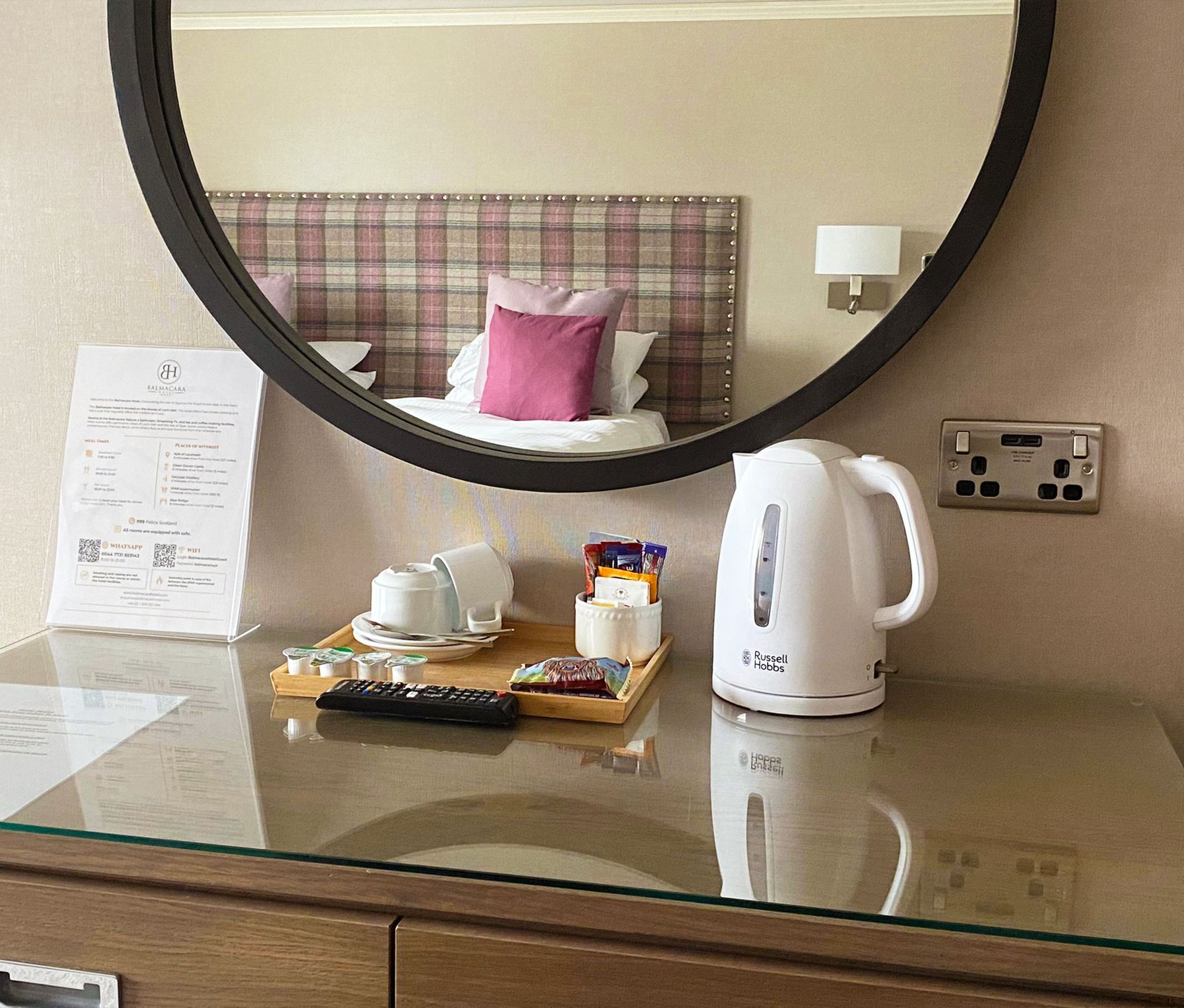 Amenities of Superior Double or Twin sea view room at Balmacara Hotel at the Highlands in Scotland