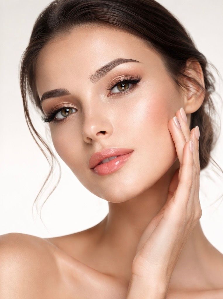 Woman touching her cheek, wearing makeup, looking towards the camera.