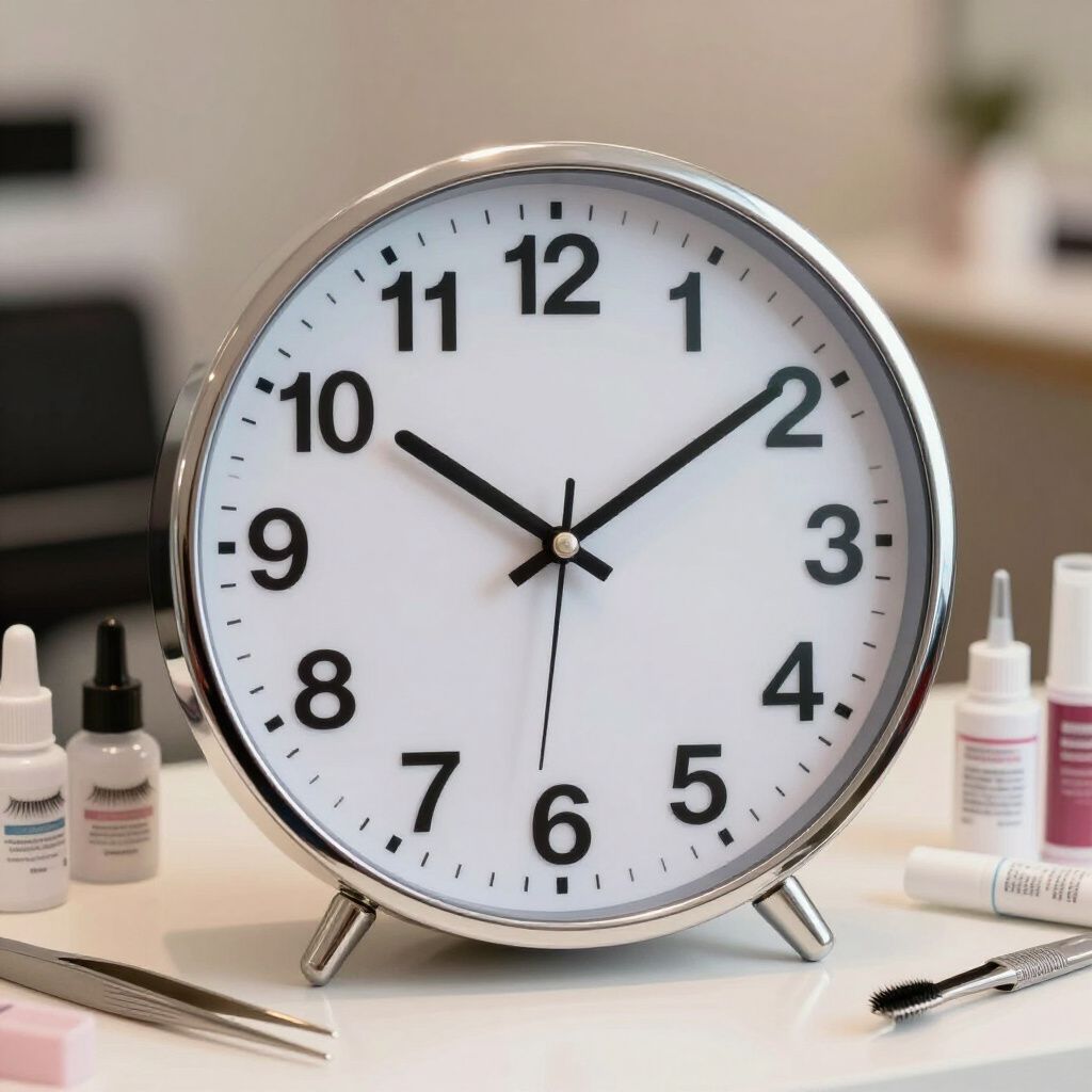 Silver alarm clock on a white surface, with beauty products surrounding it.