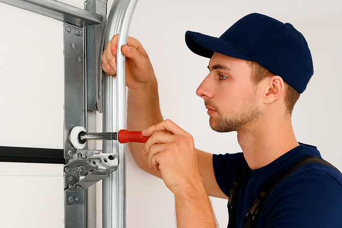 Man in blue cap and work clothes repairing a garage door with a screwdriver.