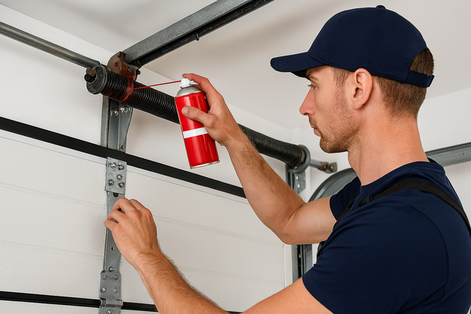 Man spraying lubricant on garage door mechanism.