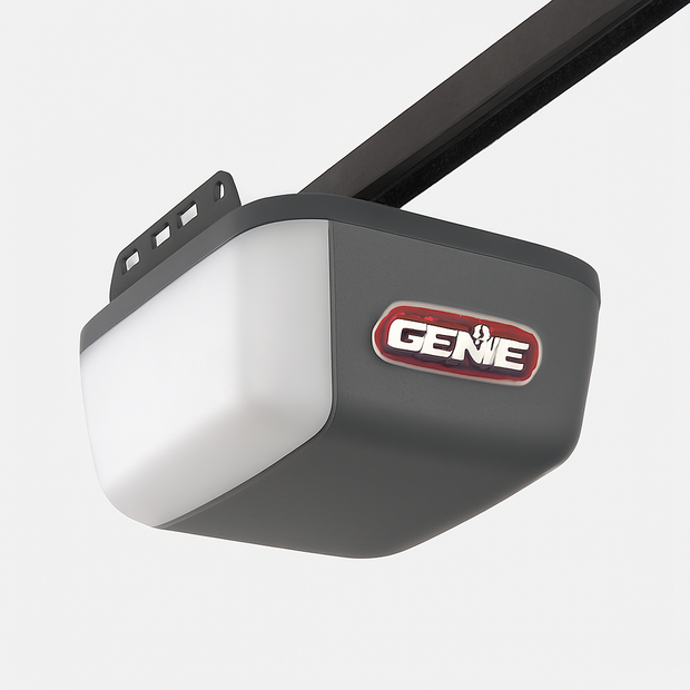 A gray Genie garage door opener with a white light panel.