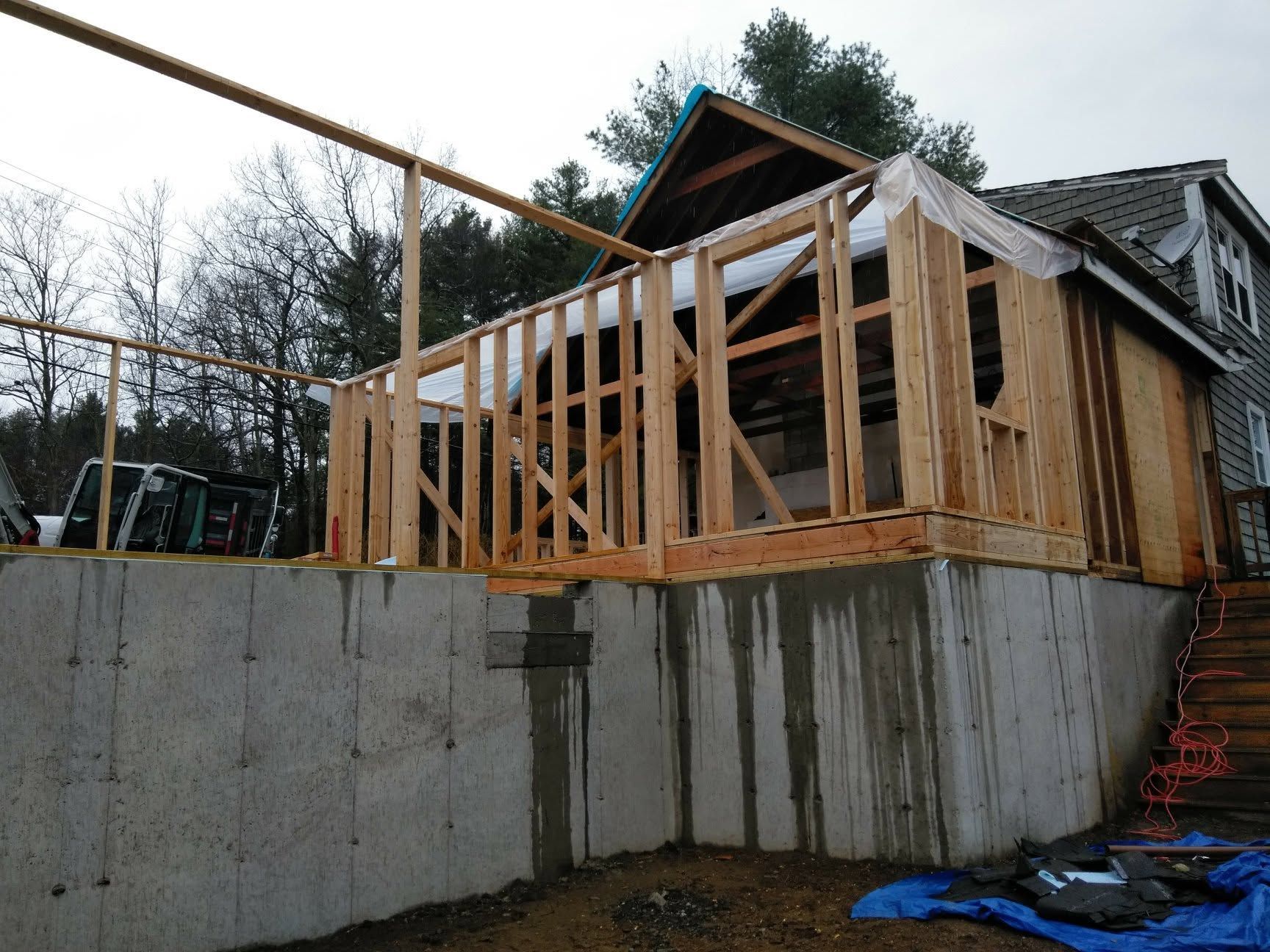 A house is being built with a wooden frame