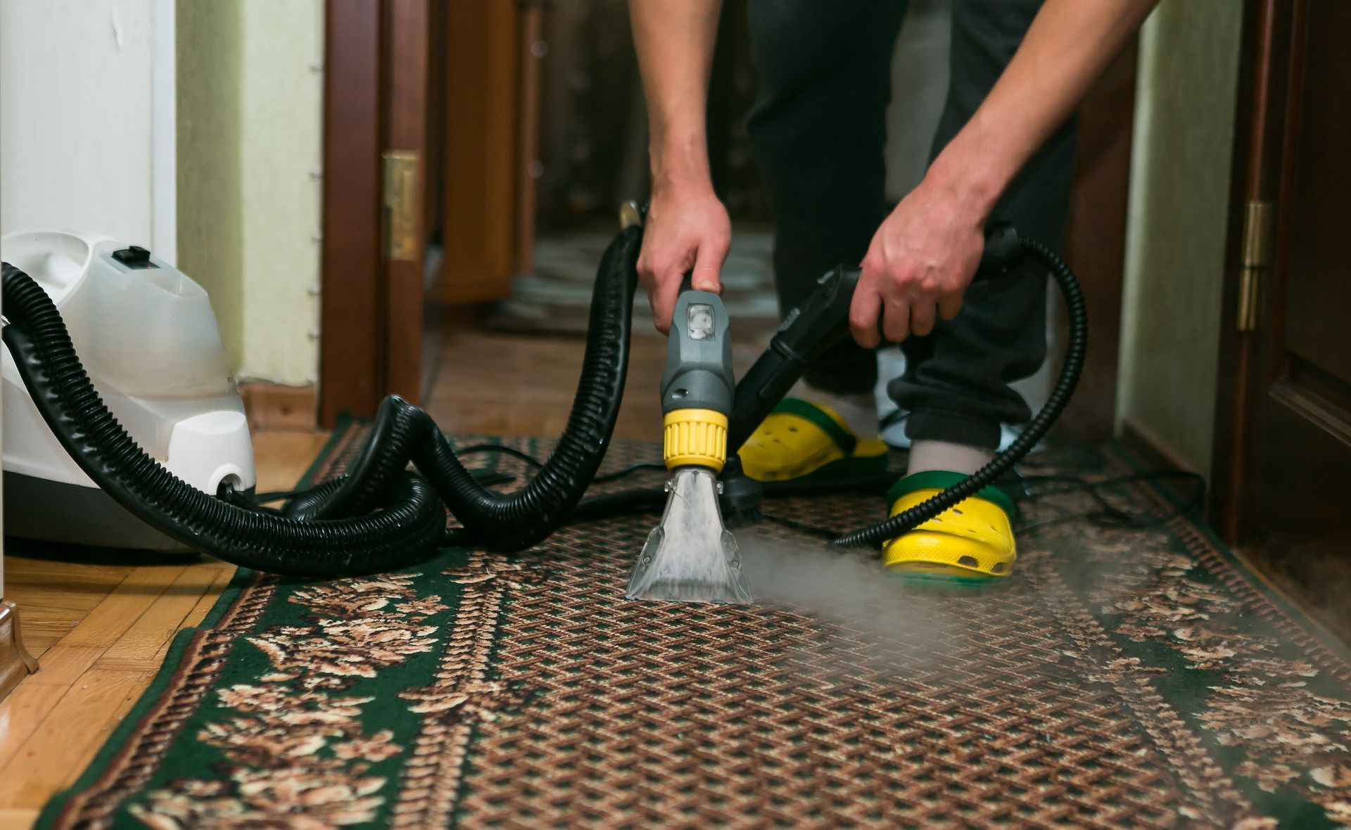 Person steam cleaning a green and brown patterned carpet in a hallway.