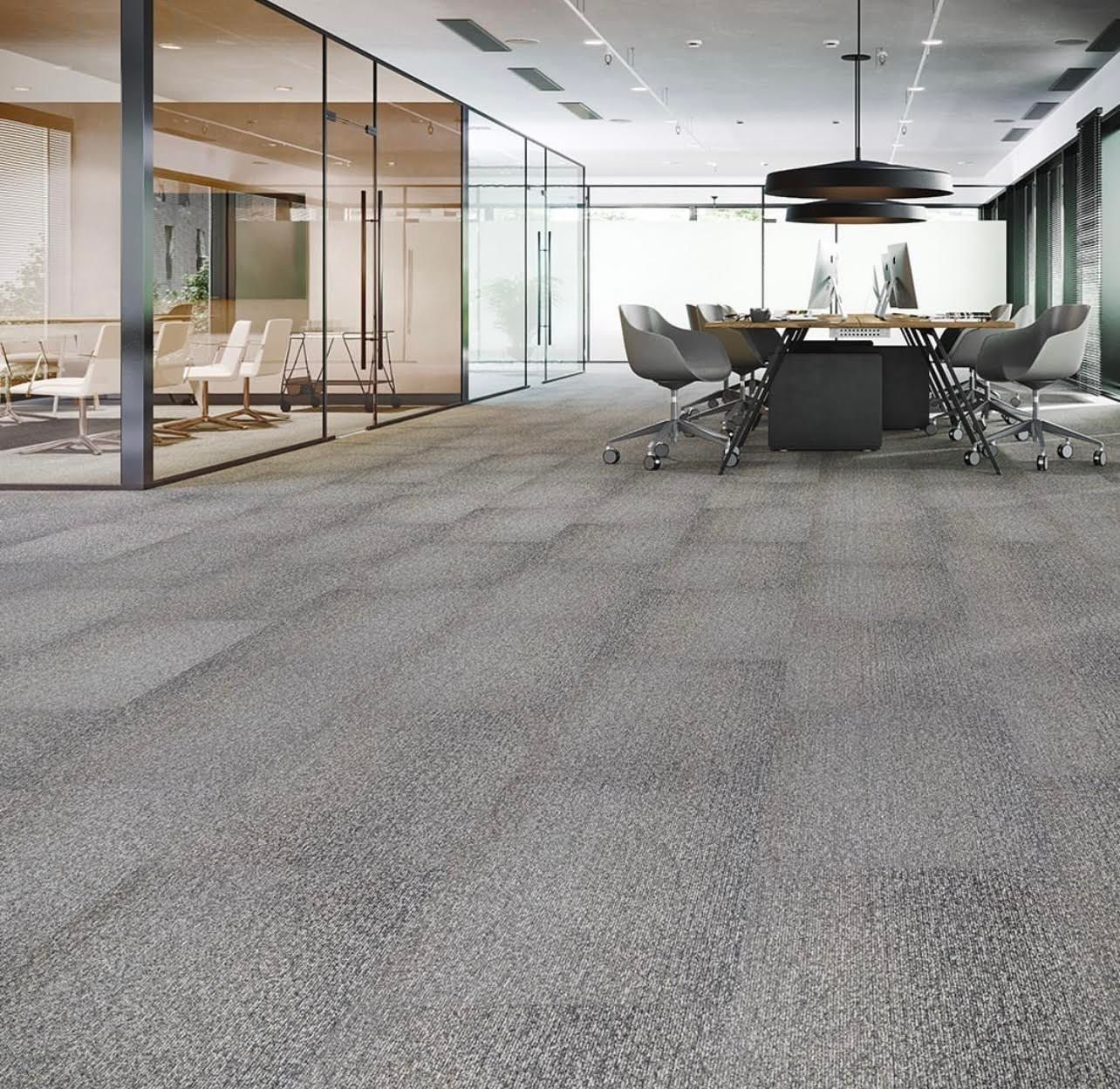 Office interior with gray carpet, glass walls, and a conference table surrounded by chairs.