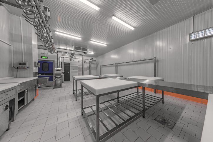 a kitchen with a sign that says exit on it