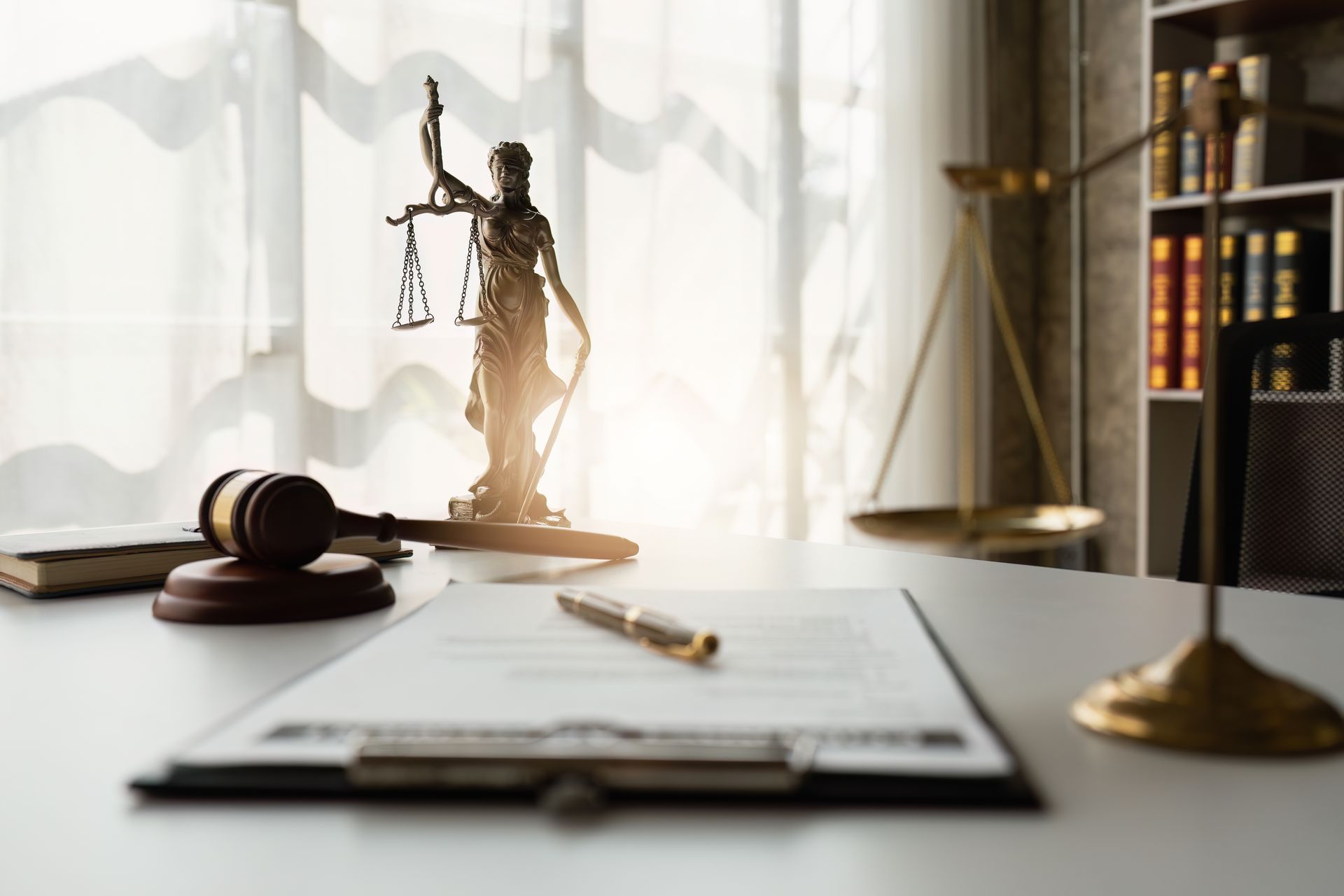 A statue of justice is sitting on a table next to a clipboard and a gavel.