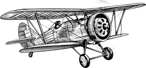 A black-and-white sketch of a vintage biplane viewed from a front-side angle.