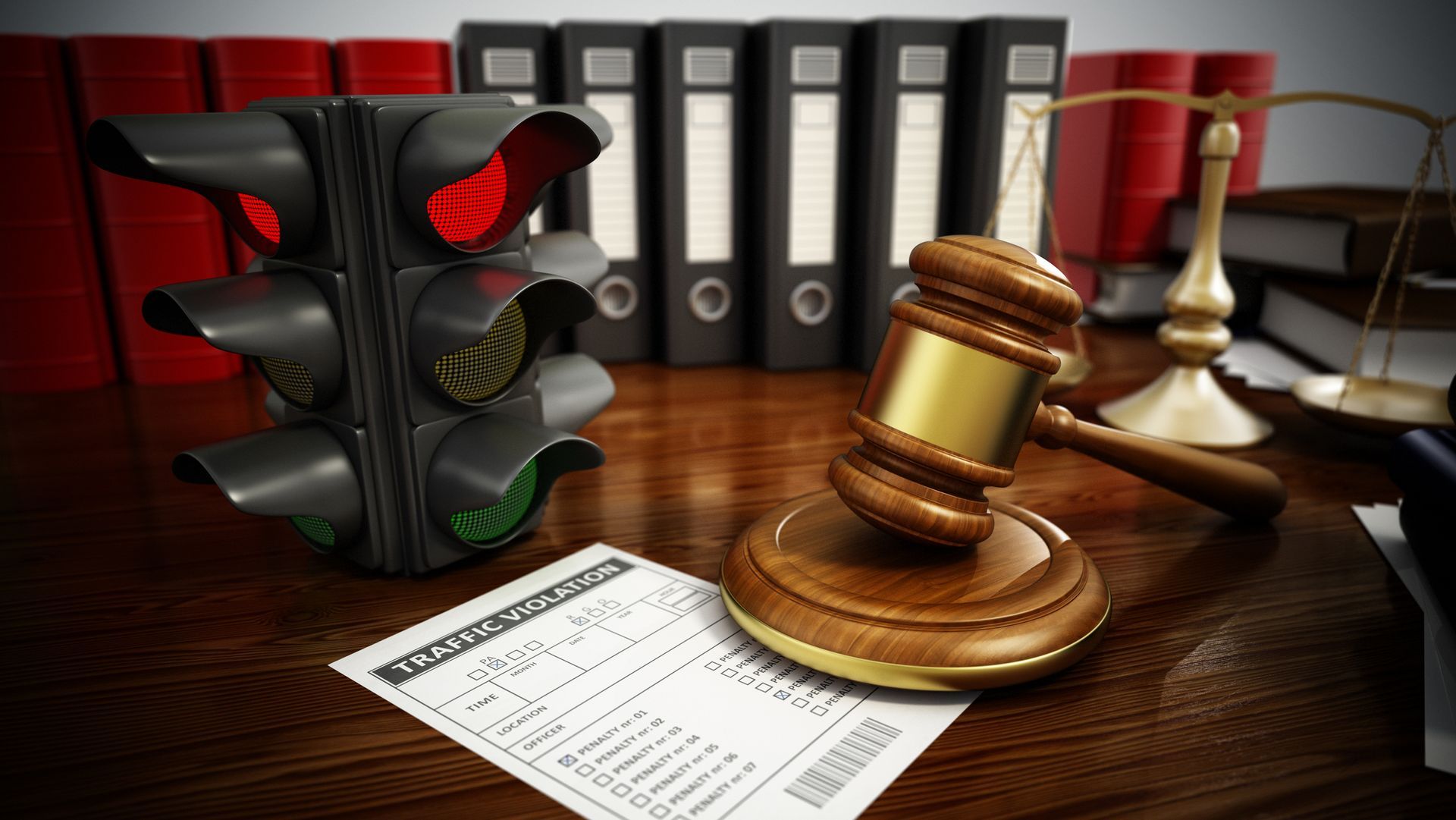 Traffic light, gavel, and violation ticket on a desk with legal documents.