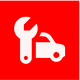 Wrench and car icon in white on a red square.