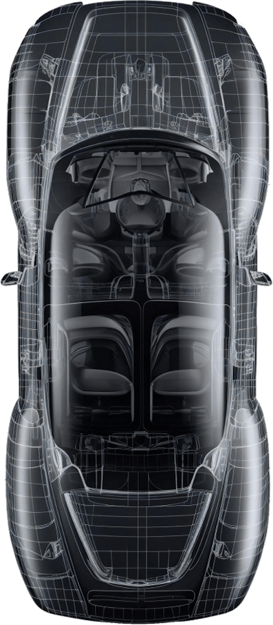 Overhead view of a car's interior with gridlines, showing seats and dashboard details.