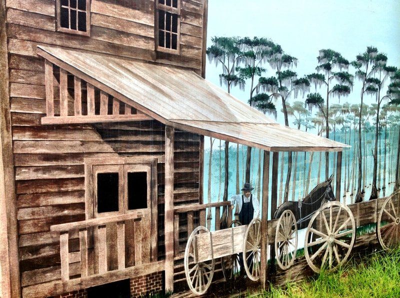 A painting of a wooden house with a porch and a horse drawn carriage.