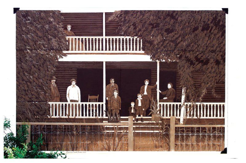 A group of people are standing on a porch of a house.