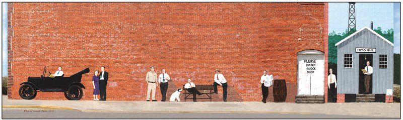 A painting of people standing in front of a brick building