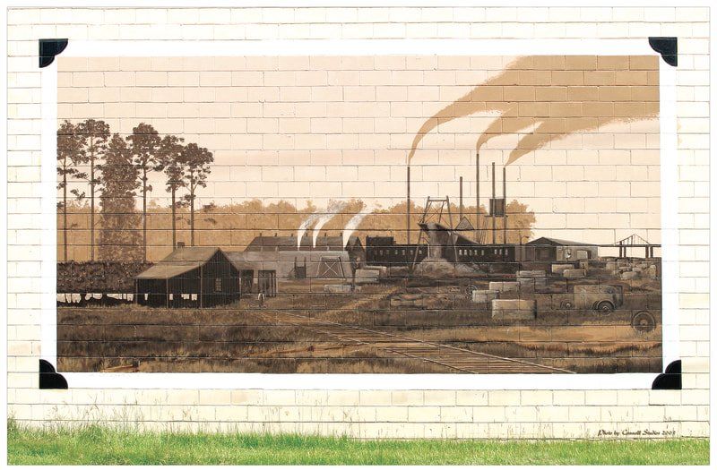 A painting of a factory with smoke coming out of the chimneys.