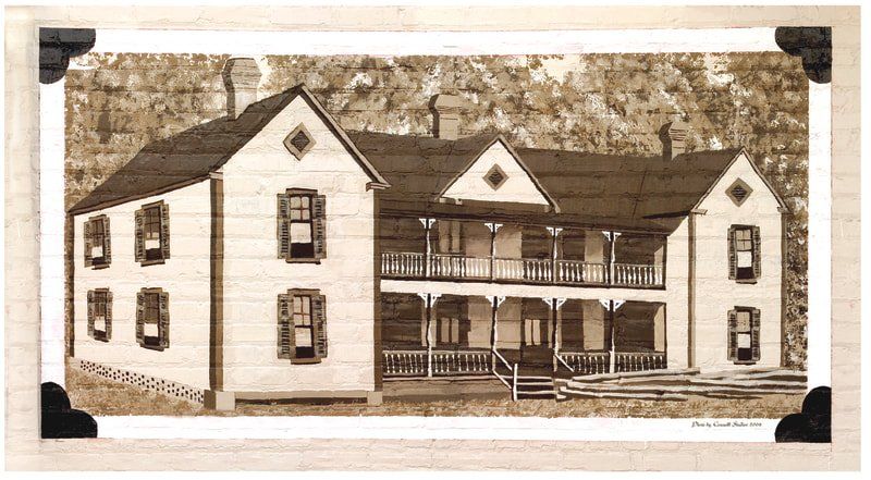 A black and white photo of a large white house with a porch.