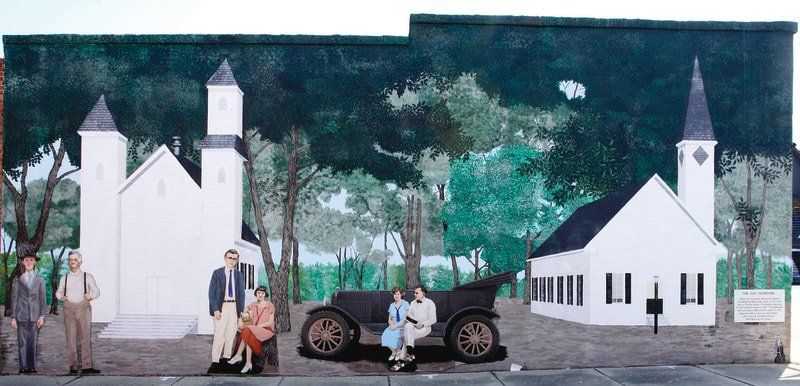 A painting of people sitting on a car in front of a church