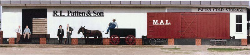 A painting of a man riding a horse drawn carriage in front of a building that says n.a.l.