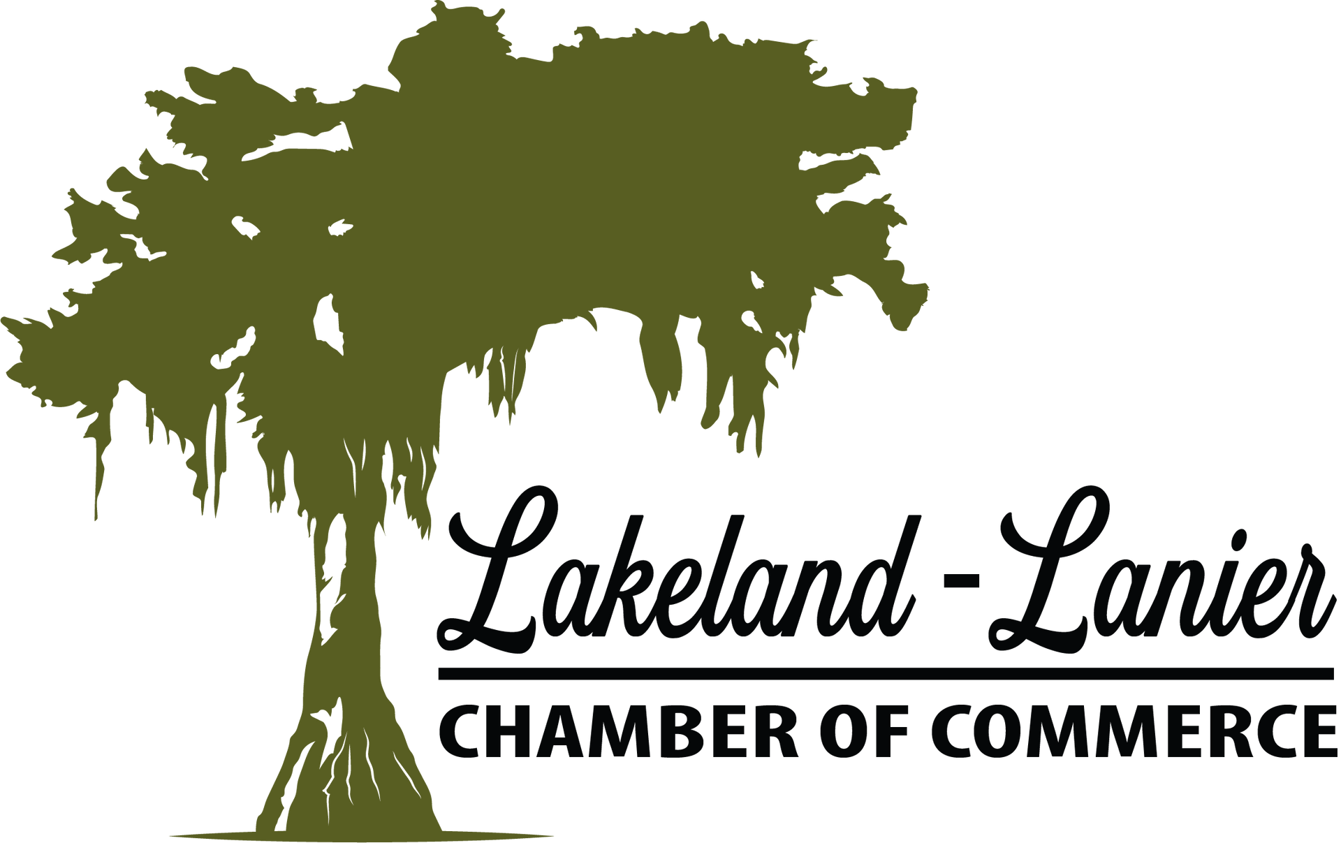 The lakeland lanier chamber of commerce logo has a yellow sun and green waves.