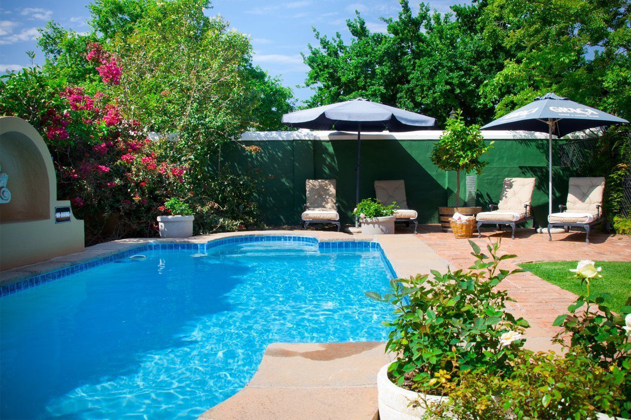 A luxury swimming pool with palm trees, blue sky, and lush landscaping. A luxury swimming pool with palm trees, blue sky, and lush landscaping.