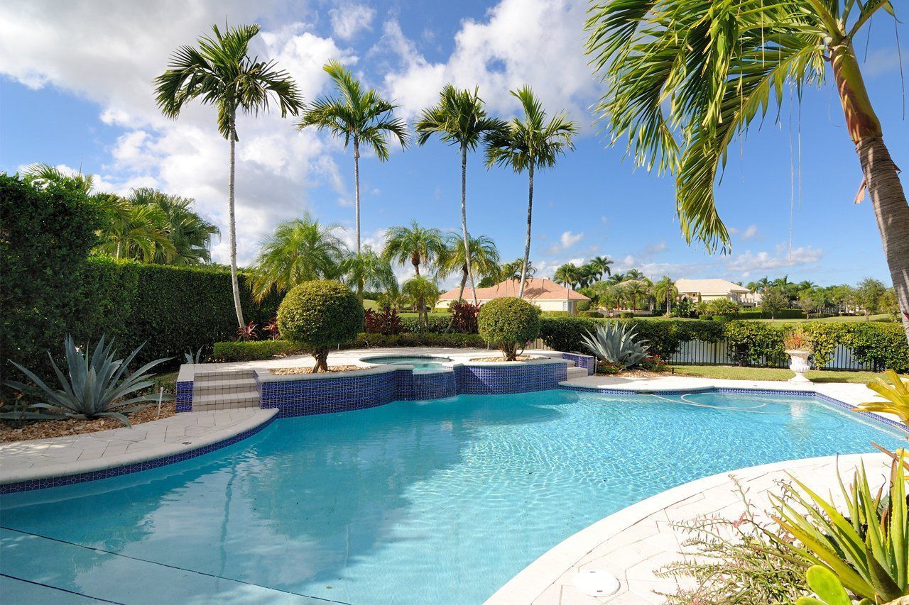 A luxury swimming pool with palm trees, blue sky, and lush landscaping. A luxury swimming pool with palm trees, blue sky, and lush landscaping.