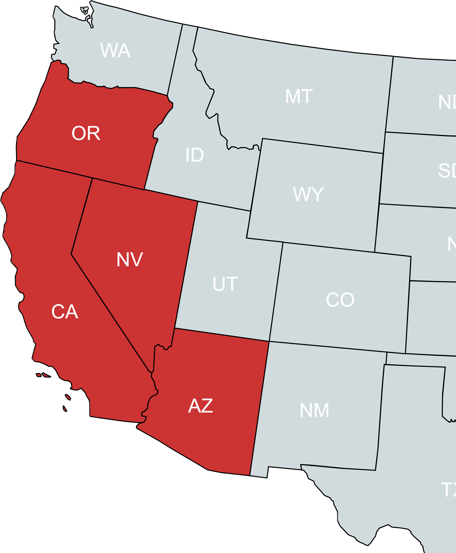 A map of the united states showing the states in red
