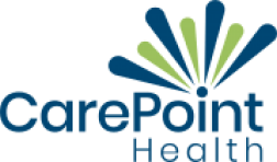 The logo for carepoint health is blue and green with a sunburst.