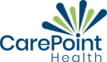 The logo for carepoint health is blue and green with a sunburst.