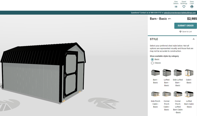 A 3d model of a barn shed on a website.