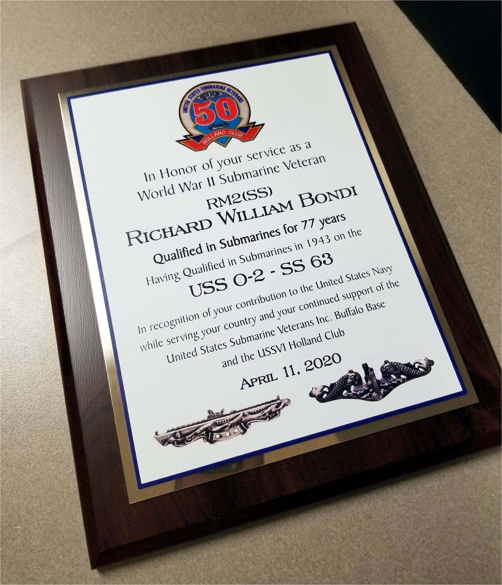 WWII Submarine Veteran Plaque