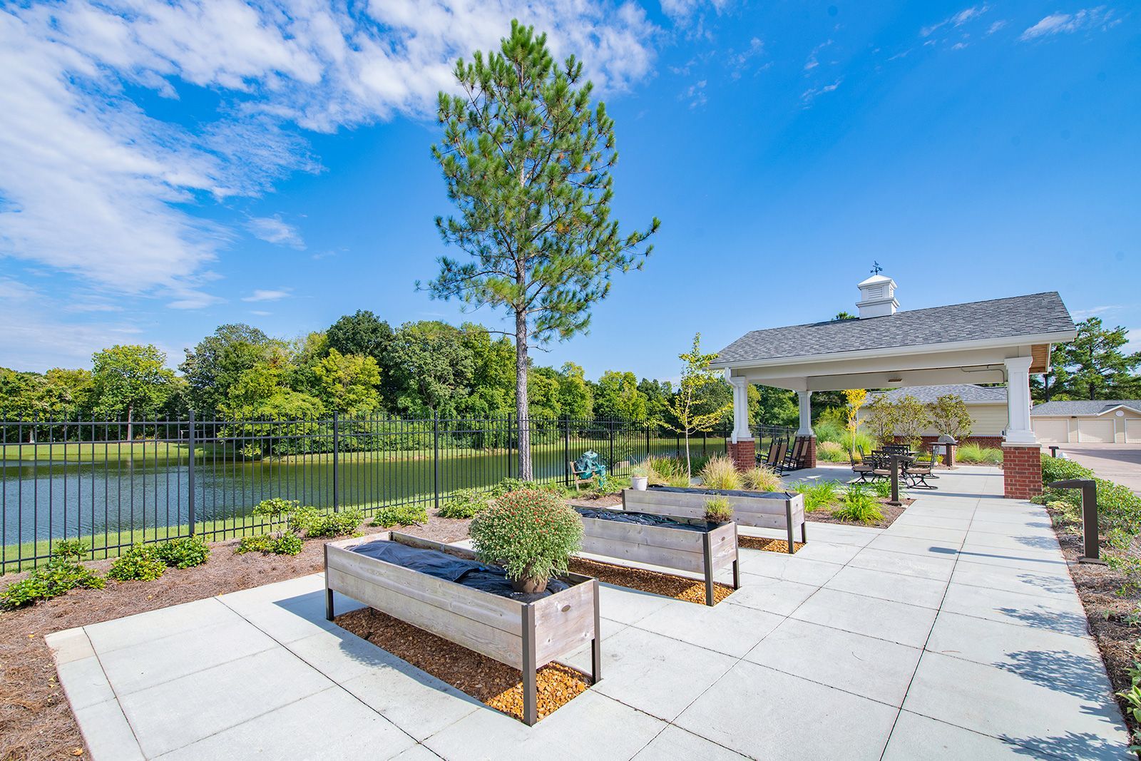 A lakeside patio with planters, a gazebo, and a young tree under a blue sky.