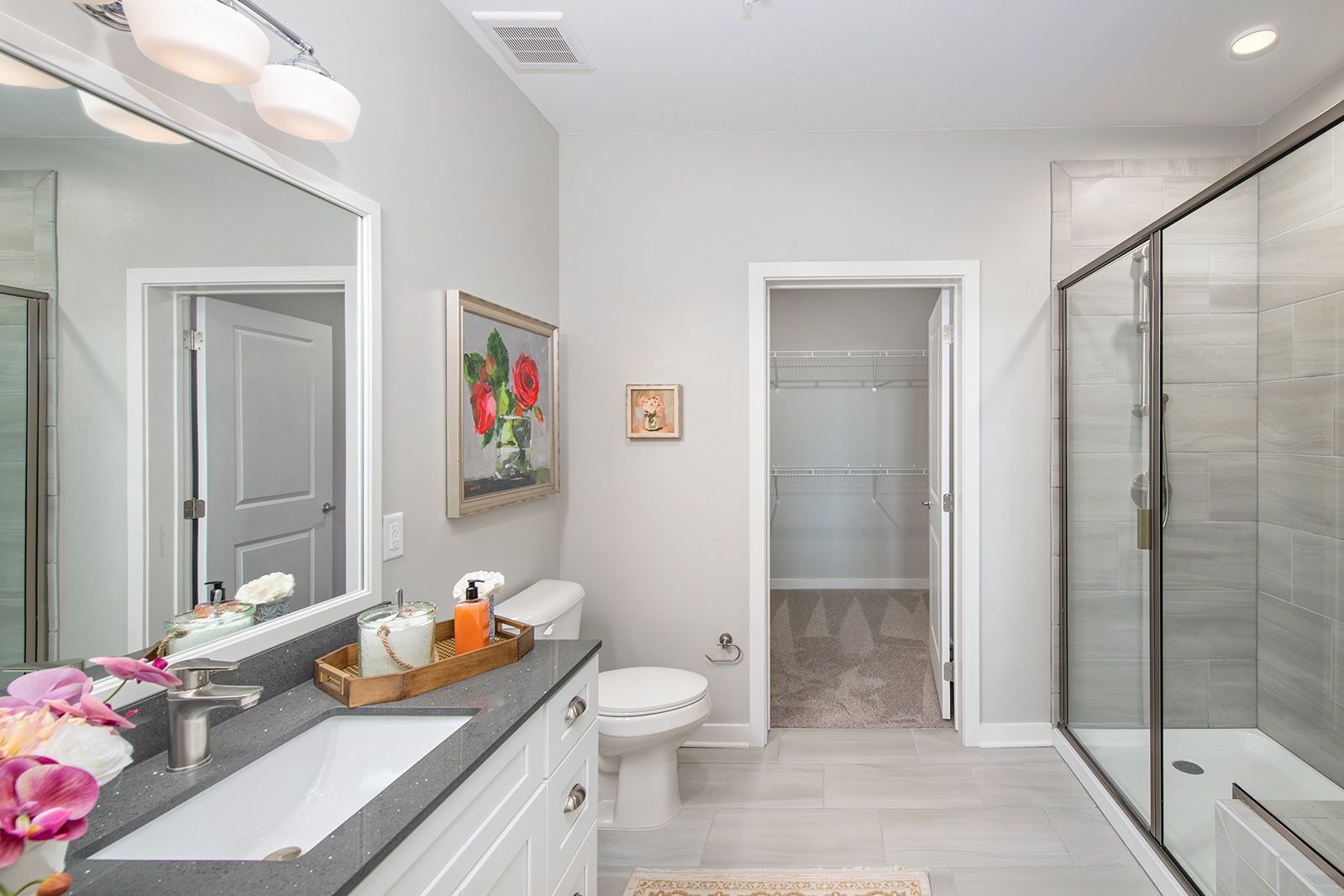 Bathroom with gray walls, vanity, shower, and doorway to a walk-in closet.