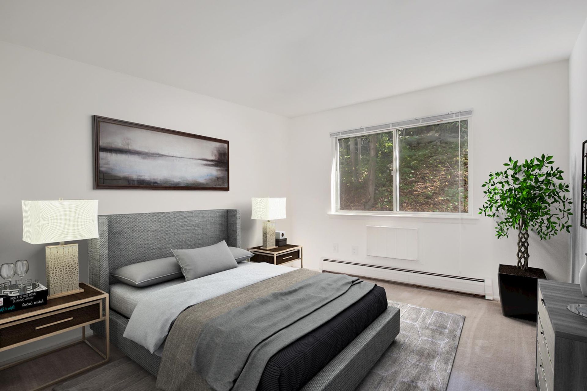 A modern bedroom with a gray upholstered bed, two nightstands, a lamp, and a large window.