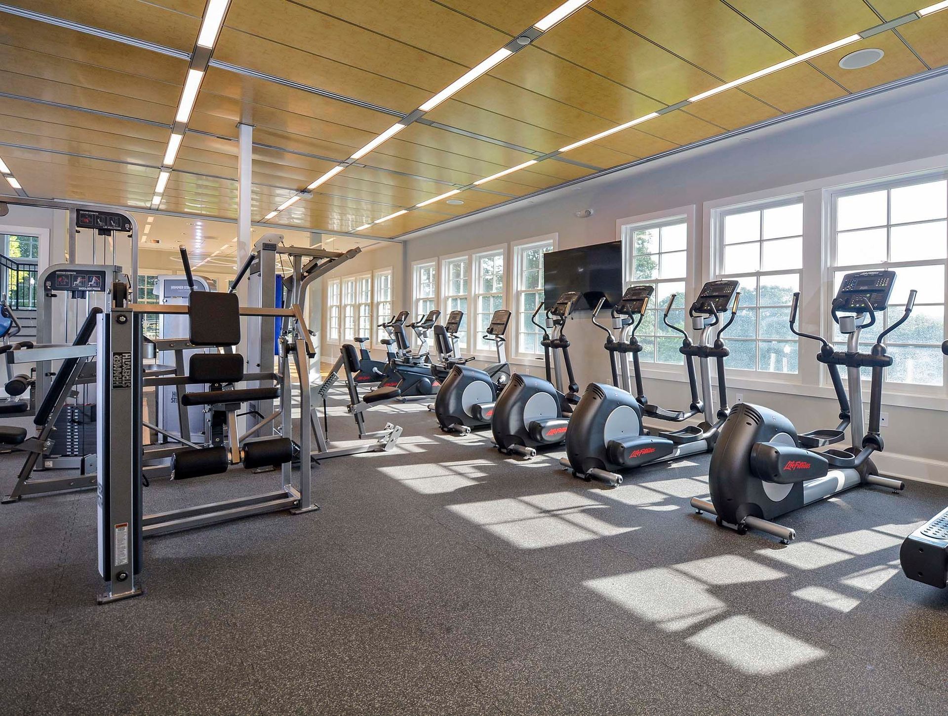 Interior fitness center with cardio machines and strength equipment by windows.