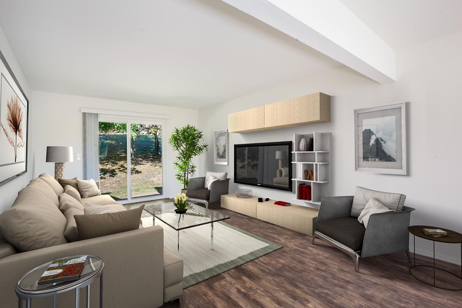 Living room in a modern apartment with sofa, chairs, TV, and sliding door to outdoors.