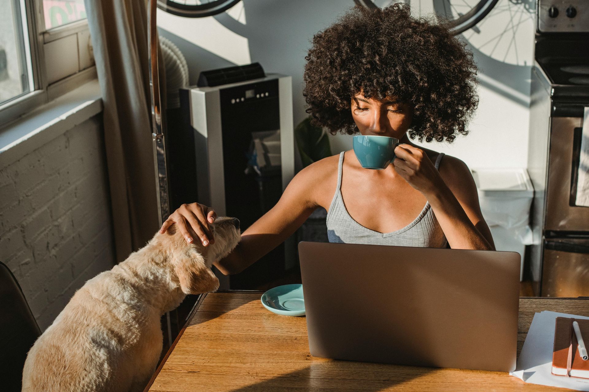 Woman drinking coffee, petting a dog, working on a laptop at a table near a window.