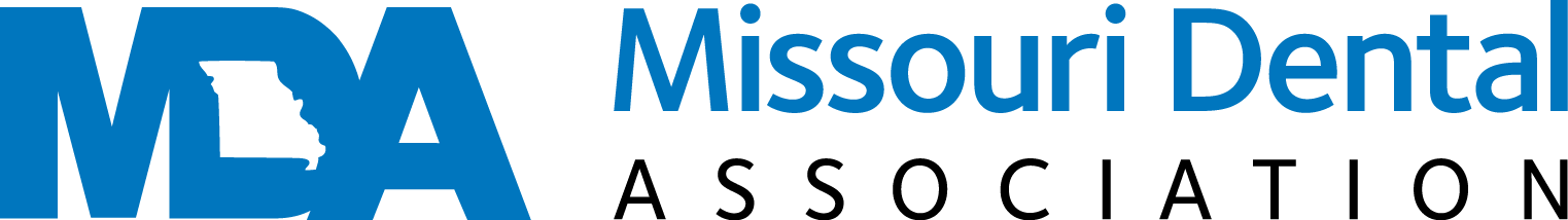 The missouri dental association logo is blue and white