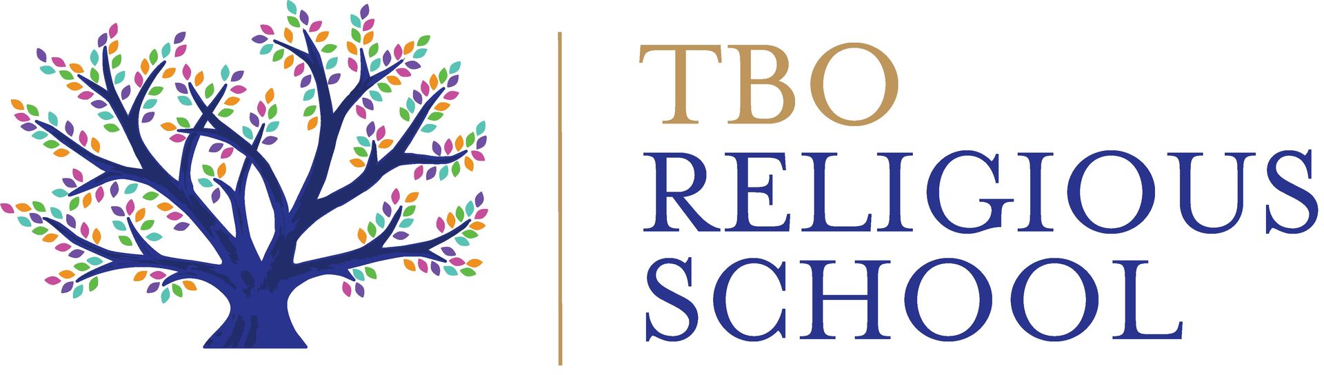 Logo for TBO Religious School: a stylized blue tree with colorful leaves next to the school's name.