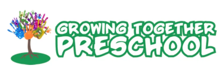 Logo for Growing Together Preschool: Tree with colorful handprint leaves and green text.