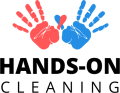 Logo for Hands-On Cleaning featuring two handprints, one red and one blue, with the company name below.