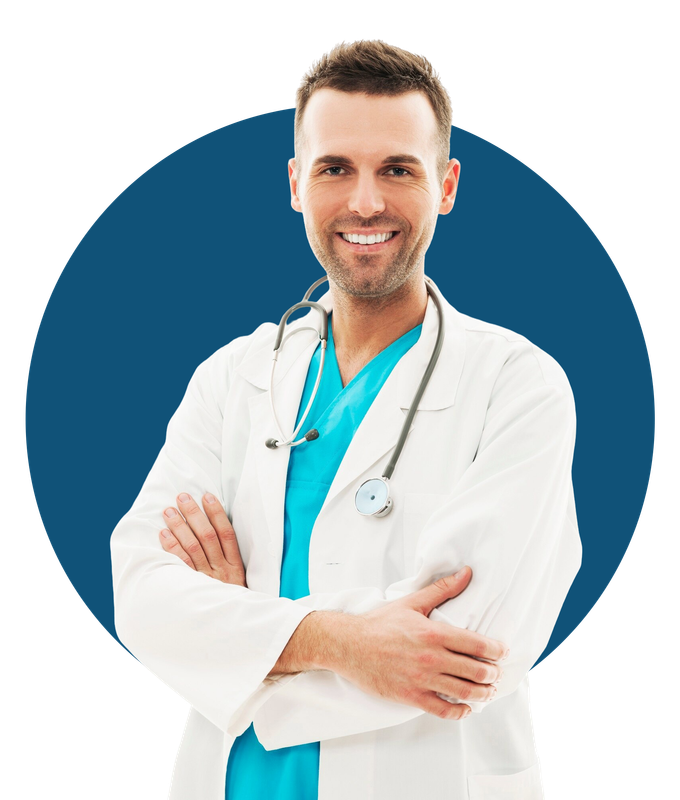 A smiling doctor with his arms crossed and a stethoscope around his neck.