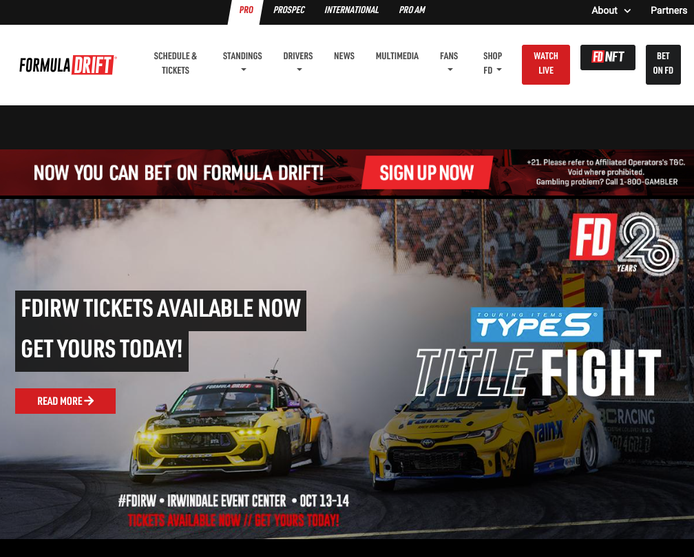 A screenshot of the website for formula drift