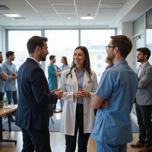 A doctor, businessman, and nurse converse in a well-lit office, surrounded by other staff.