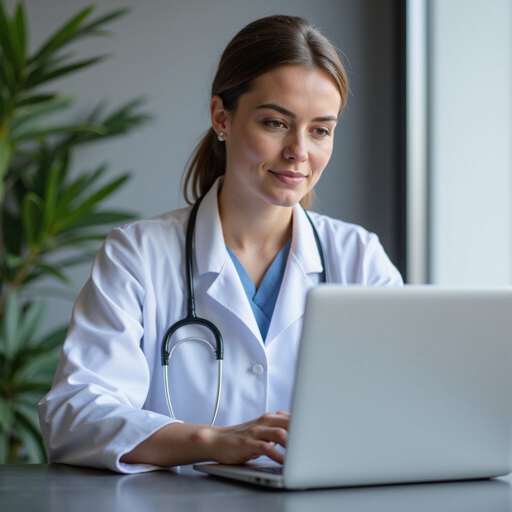 Female doctor in white coat, using a laptop. A stethoscope hangs around her neck.