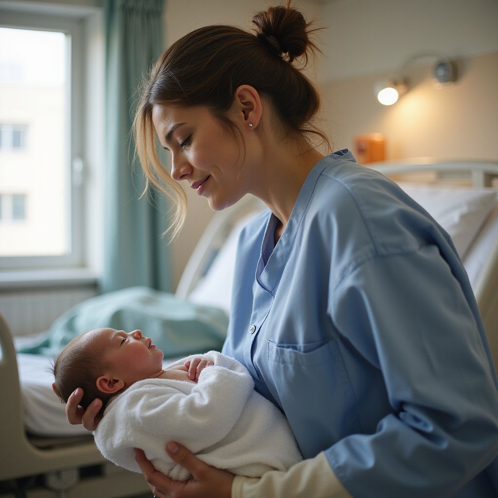 Woman in blue scrubs holding newborn baby in hospital room.